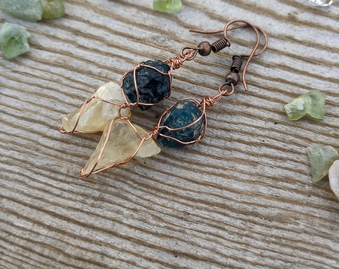Blue apatite and yellow calcite crystal earrings, yellow calcite earrings, blue apatite earrings, natural blue apatite crystals, raw rough