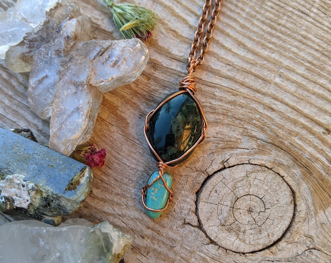 Moss agate and turquoise pendant, natural green moss agate pendant, moss agate necklace, high quality turquoise pendant, turquoise necklace,