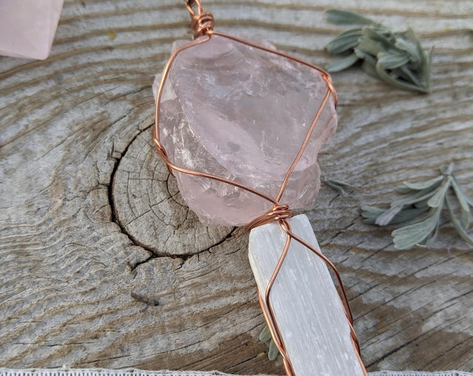 Rose quartz and selenite crystal pendant, large rose quartz pendant, large selenite pendant, pink quartz pendant, pink quartz and selenite