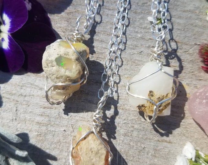 Raw rough natural rainbow opal pendant, raw opal necklace, raw opal pendant, fire opal, white rainbow opal, sterling silver opal pendant