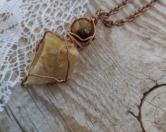 Tigerseye and golden rutile Crystal pendant, tigerseye necklace, rutile necklace, gold rutile pendant, tigerseye pendant, natural raw rough