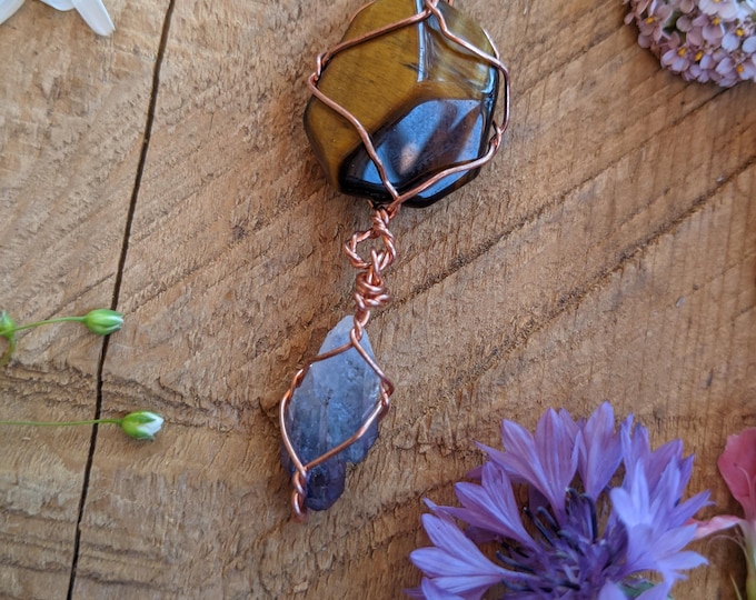 Tigerseye and tanzanite aura crystal point pendant, tanzanite aura pendant, tanzanite aura necklace, tigerseye pendant, tigerseye necklace