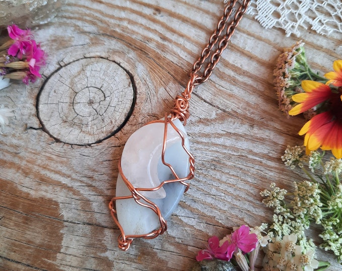 Blue opal and white quartz crystal crescent moon pendant in solid copper, quartz moon pendant, quartz moon necklace, natural polished blue