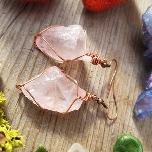 Rose quartz earrings, raw natural rough rose quartz crystals, pink quartz earrings, large chunky earrings, pure copper wire wrapped earrings image 5