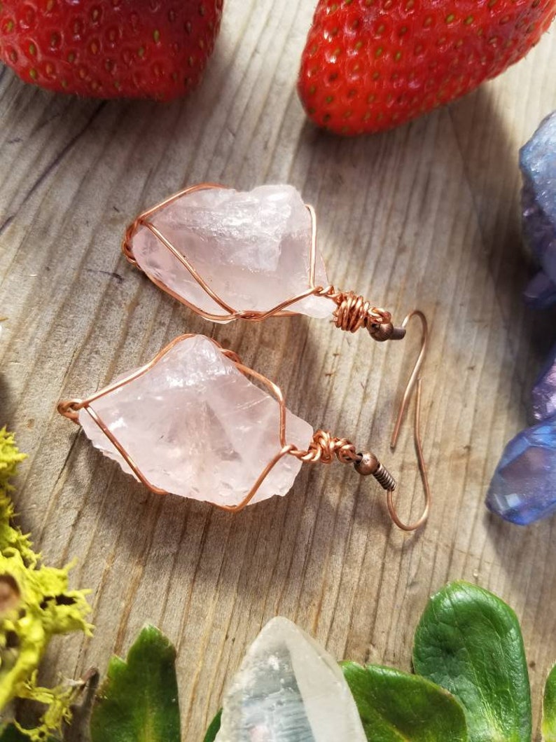 Rose quartz earrings, raw natural rough rose quartz crystals, pink quartz earrings, large chunky earrings, pure copper wire wrapped earrings image 5