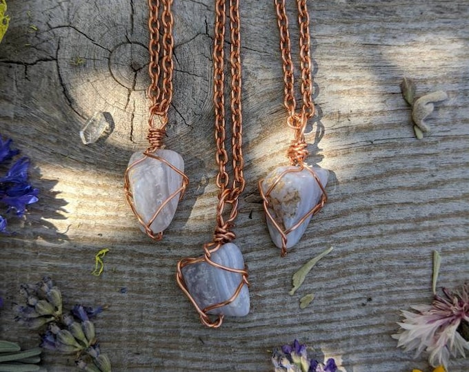 Small blue lace agate crystal pendant, solid copper blue lace agate pendant, sterling silver blue lace agate necklace, blue lace agate stone
