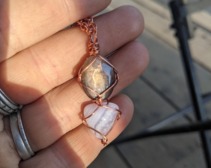 Sunstone and blue lace agate pendant, natural blue lace agate necklace, black orange sunstone necklace, natural sunstone crystal pendant