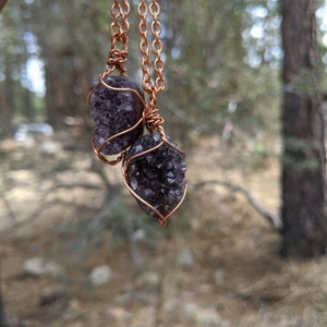 May include: A copper wire wrapped necklace with two amethyst crystal pendants. The crystals are a deep purple color and have a rough, natural texture. The necklace is photographed against a blurred background of trees.