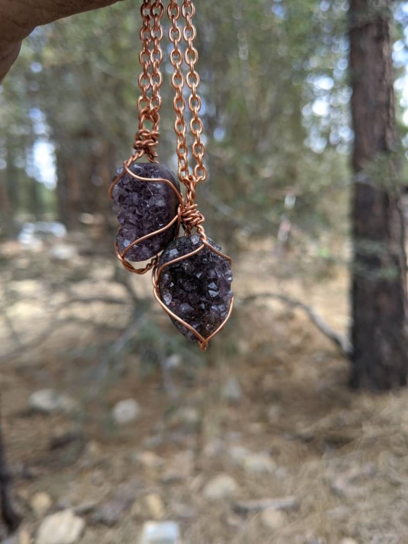 May include: A copper wire wrapped necklace with two amethyst crystal pendants. The crystals are a deep purple color and have a rough, natural texture. The necklace is photographed against a blurred background of trees.