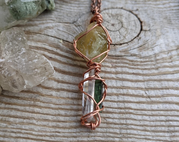 Green calcite, chrome diopside and clear quartz crystal pendant, calcite pendant, green calcite, green chrome diopside, clear quartz pendant