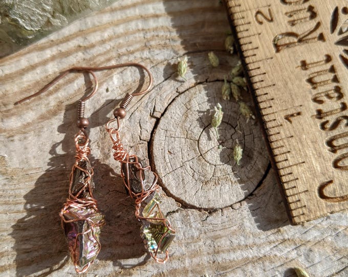 Meteorite and bismuth crystal earrings in solid copper