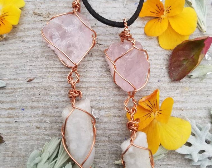 Rose quartz and spirit quartz quartz pendant, rose quartz pendant, spirit quartz pendant, rose quartz necklace, raw crystal jewelry, raw