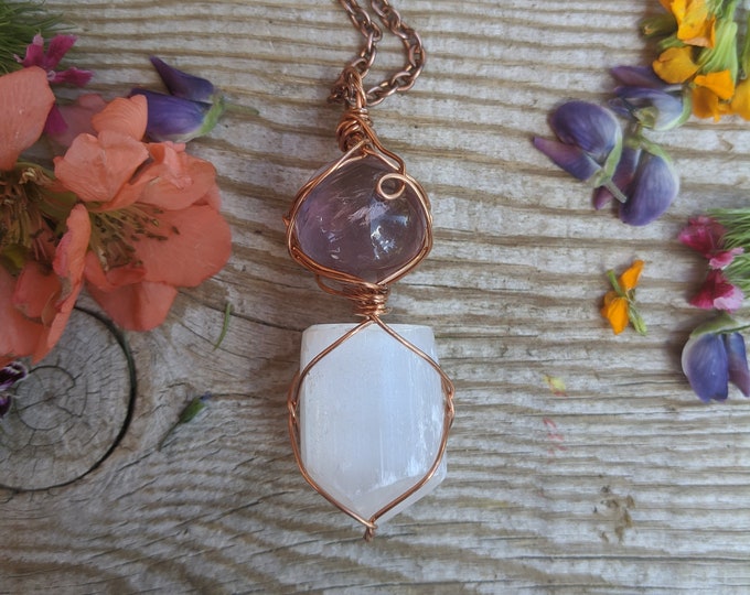 Amethyst crystal sphere pendant with selenite point below, solid copper selenite pendant, copper  quartz pendant, amethyst crystal sphere