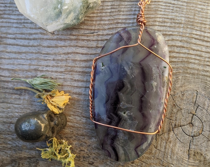 Extra Large Rainbow Fluorite crystal pendant, purple and green fluorite necklace, pure copper, rainbow fluorite pendant, purple flourite
