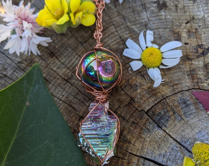 bismuth and rainbow aura crystal pendant, copper bismuth crystal, natural bismuth crystal, bismuth crystal necklace, g bismuth, aura sphere
