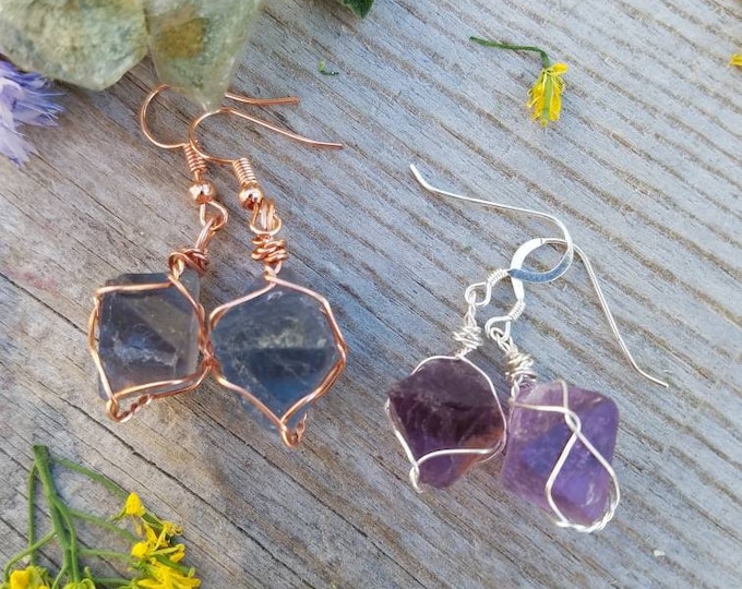 Fluorite octohedron crystal earrings, raw natural octohedron crystal earrings, purple or green or mismatch octohedron earrings, flourite