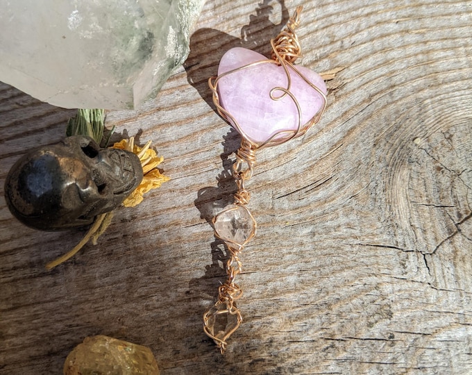 Bronze gold Kunzite heart and herkimer diamond pendant, natural pink kunzite crystal heart, crystal heart necklace, kunzite pendant, kunzite
