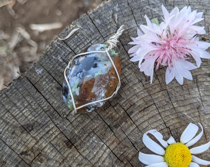 Natural opal wood pendant, fine silver petrified wood pendant, petrified wood crystal pendant, opal wood crystal pendant, natural opal wood