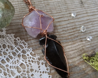 Amethyst and Obsidian arrowhead crystal pendant, amethyst and black obsidian necklace, amethyst necklace, amethyst pendant, natural raw cute