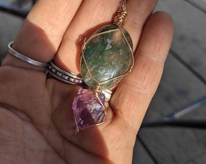 Moss Agate and amethyst crystal pendant, natural moss agate necklace, high quality moss agate pendant, amethyst pendant, amethyst necklace