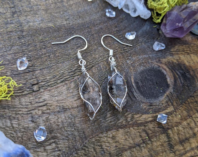 carbon petroleum herkimer crystal earrings, herkimer diamond earrings, raw rough natural xl double terminated herkimer diamond earrings
