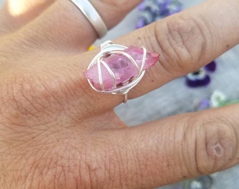 Pink rose aura quartz crystal ring, pure copper wire wrapped ring, custom size made to order, pinkaura quartz ring, rainbow aura quartz ring