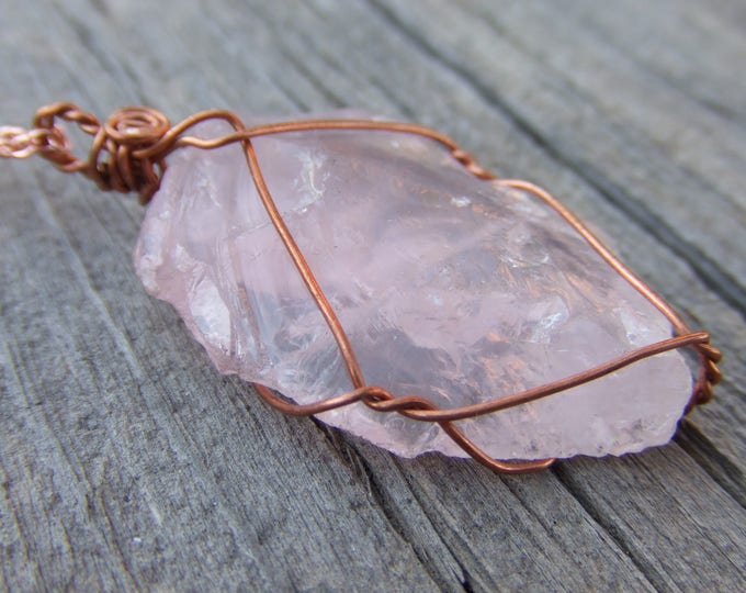 raw rough natural rose quartz crystal wire wrapped pendant, raw rose quartz necklace, pink quartz pendant, pink quartz crystal, high quality