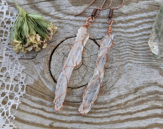 Long faden quartz crystal earrings, natural faden quartz crystals, raw rough all natural clear faden quartz earrings, copper quartz earrings