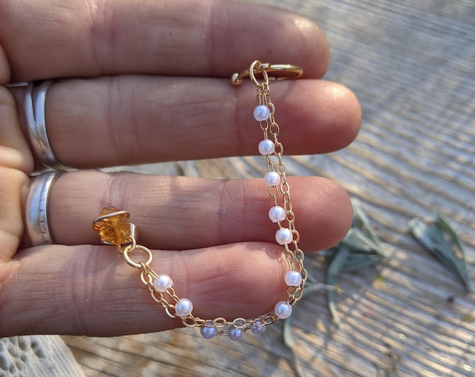 Citrine stud and cuff combo, cirtine crystal ear cuff, citrine earrings, golden citrine cuff earrings, gold plated ear cuff, chain cuff earr