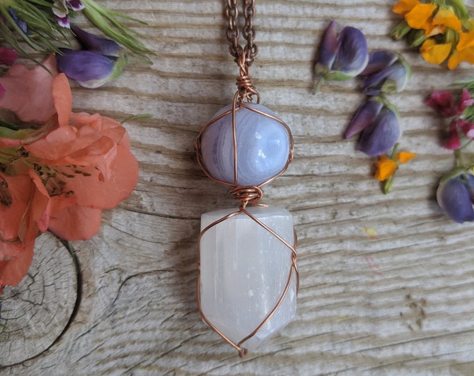 Blue Lace agate crystal sphere pendant with selenite point below, solid copper selenite pendant, copper chalcedony pendant, quartz necklace