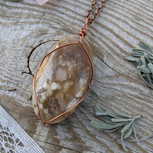 extra large Flower Agate Pendant, oval shapped flower agate crystal necklace, flower agate crystal pendant, pure copper,high quality