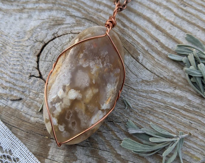 extra large Flower Agate Pendant, oval shapped flower agate crystal necklace, flower agate crystal pendant, pure copper,high quality