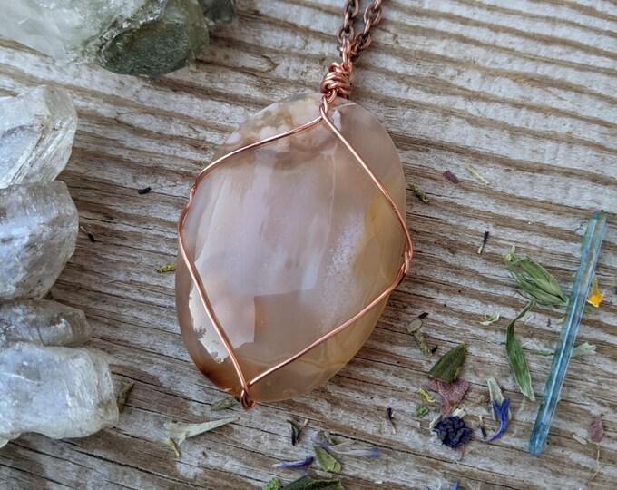 extra large Flower Agate Pendant, oval shapped flower agate crystal necklace, flower agate crystal pendant, pure copper,high quality