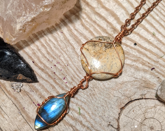 Picture jasper and labradorite crystal pendant, picture jasper full moon, labradorite crystal pendant, labradorite necklace, high quality la