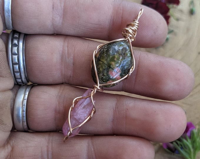 Unikite and rose aura quartz crystal pendant, natural rose aura quartz crystal, pink aura, rose pink aura pendant, unikite pendant in bronze