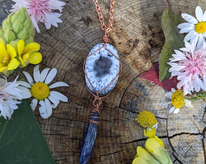 Natural Dendritic Opal and lapis lazuli crystal pendant in solid copper, dendritic agate pendant, merlinite pendant, lapis pendant, lapis la