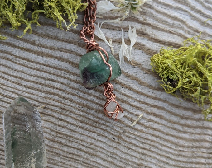 rainbow fluorite crystal skull and rainbow moonstone crescent moon pendant, natural moonstone pendant, moonstone moon pendant, purple green
