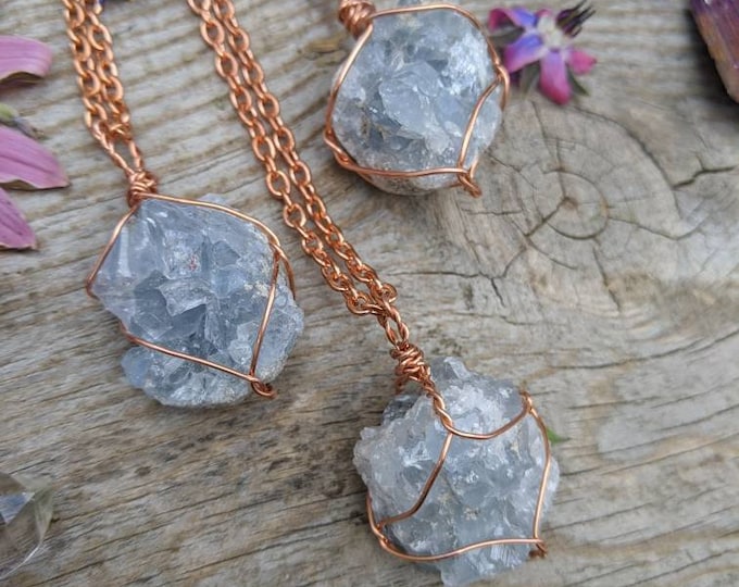 Blue celestite crystal cluster pendant, high quality celestite cluster, celestite pendant, celestite necklace, raw rough celestite geode