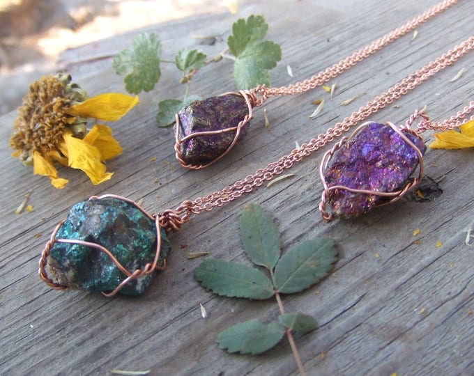 Peacock Ore Pendant, Chalco Pyrite pendant, rainbow pyrite necklace, chaco pyrite pendant, raw pyrite crystal pendant, copper or silver