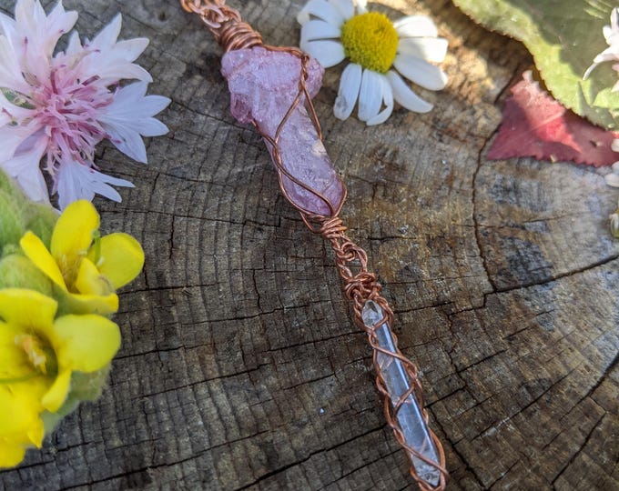 Pink ammonite and rose quartz quartz crystal pendant, natural rose aura pendant, pink ammonite fossil pendant, ammonite necklace, slice