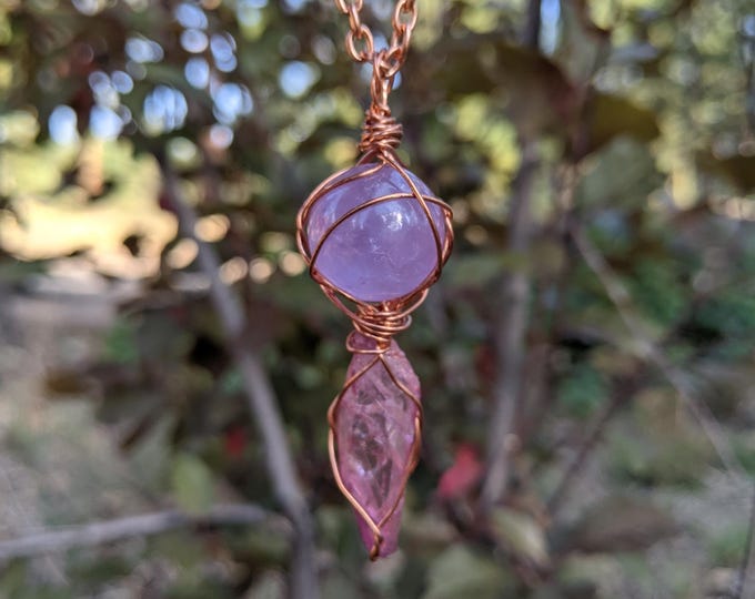 Amethyst Sphere and rose aura quartz crystal pendant, rose aura pendant, rainbow aura quartz, natural amethyst sphere, natural amethyst neck