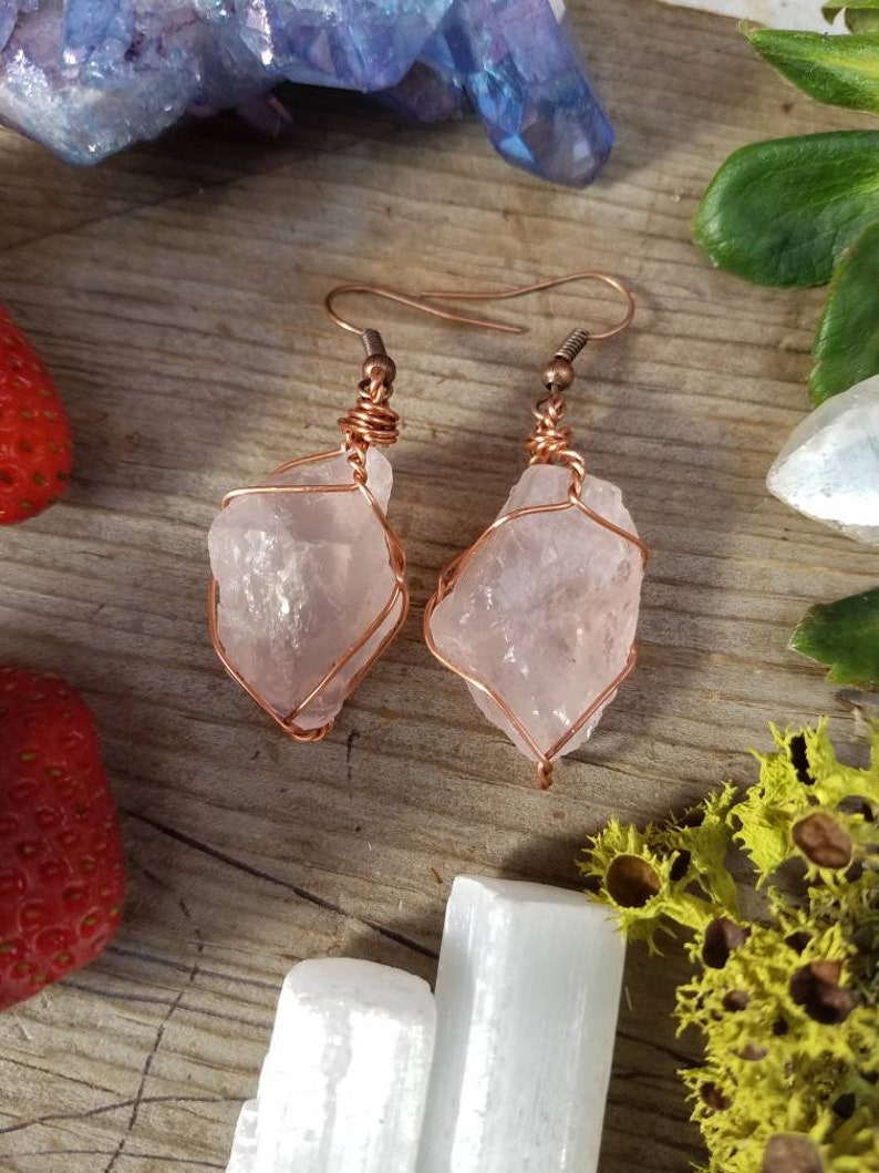 Rose quartz earrings, raw natural rough rose quartz crystals, pink quartz earrings, large chunky earrings, pure copper wire wrapped earrings image 1