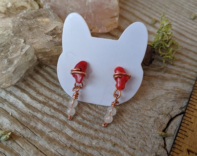 Red coral and moonstone stud earrings in solid copper