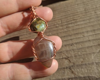 Petrified opal wood and orange/grey sunstone crystal pendant, sunstone pendant, opal wood pendant, cute necklace, crystal jewelry, personali