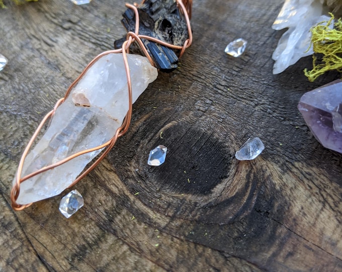 Black tourmaline cluster and quartz crystal point, natural raw rough black tourmaline crystal and high quality clear quartz crystal, natural