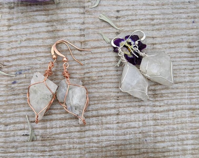 raw rough moonstone earrings, rainbow moonstone earrings, moonstone dangle earrings, silver earrings, white moonstone earrings, copper