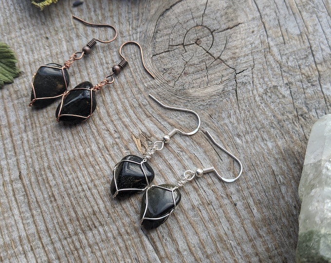 Black obsidian crystal earrings, solid copper obsidian earrings, sterling silver obsidian earrings, sheen obsidian earrings, natural obsidia