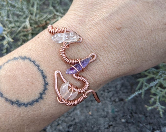 Amethyst and herkimer diamond crystal cuff bracelet, natural amethyst, amethyst cuff, herkimer diamond cuff, natural crystal cuff bracelet,