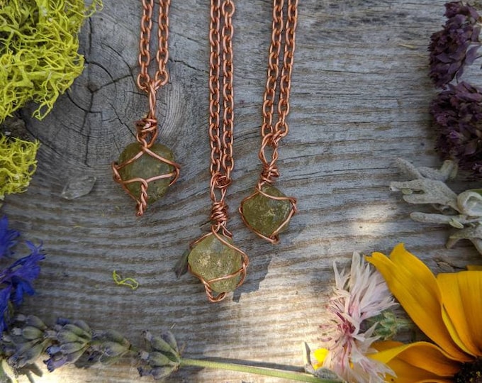 tiny green 'alien' garnet crystal pendant, green garnet pendant, green garnet necklace, natural raw rough green garnet crystal jewelery