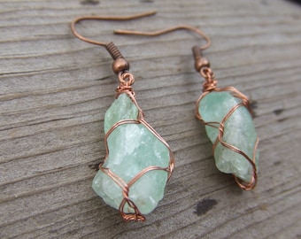 emerald green calcite crystals raw and natural pure copper wire wrapped earrings rough pure color